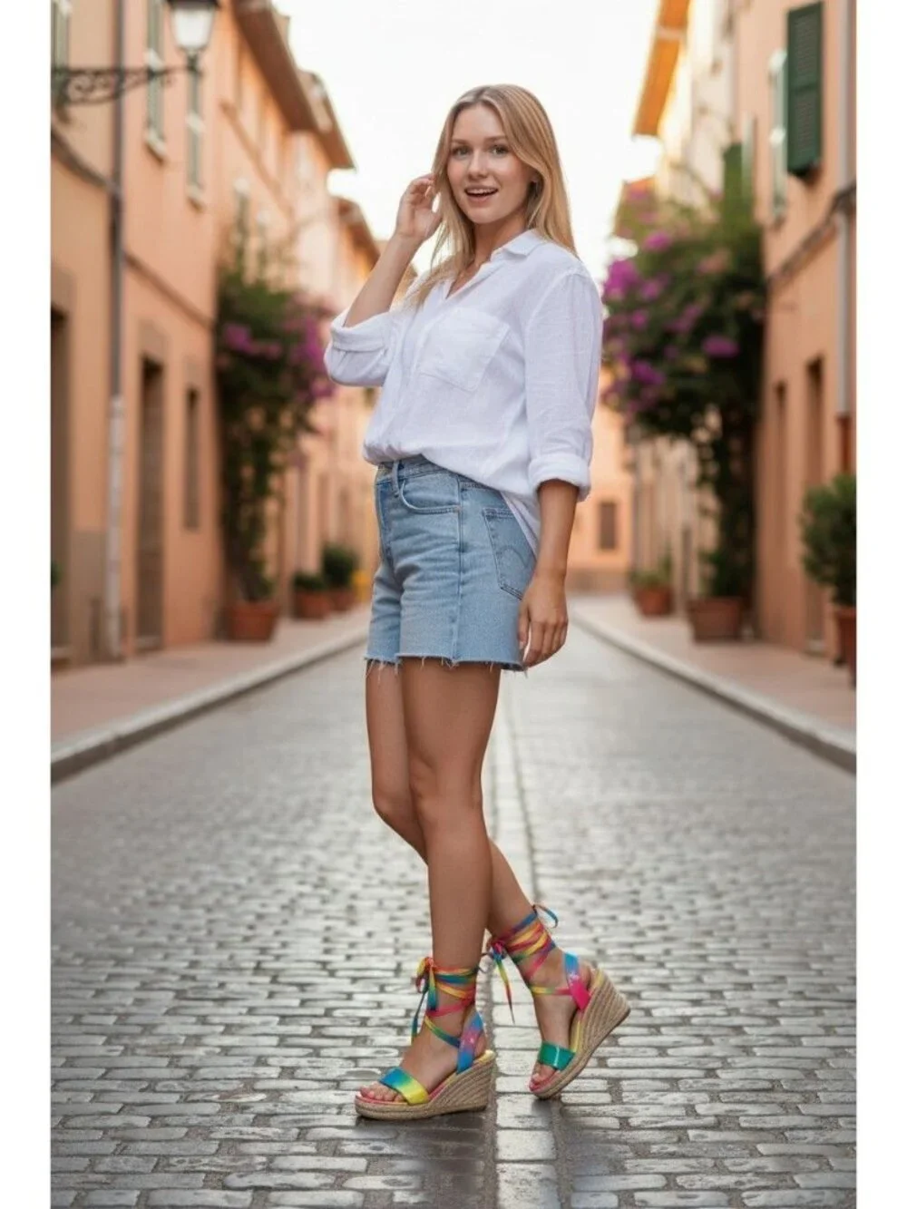 Liliana Emilia 3 Rainbow Espadrille Wedge Sandals With Tie-Up Straps Multicolor